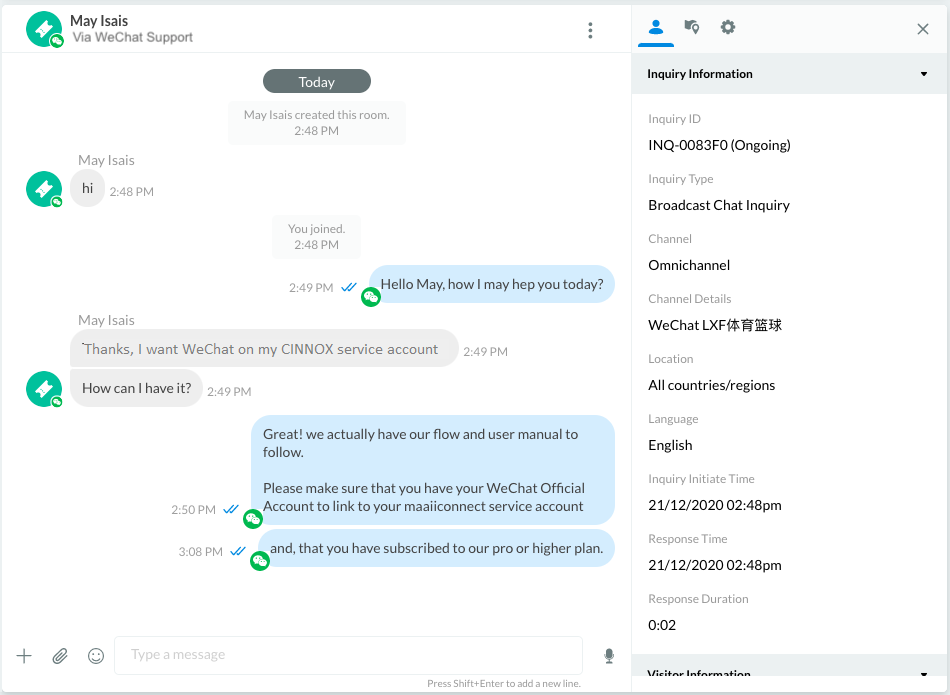 WeChat Visitor and Agent Chat Conversation