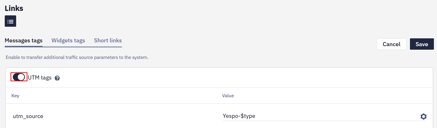 UTM tags slider activated in account settings