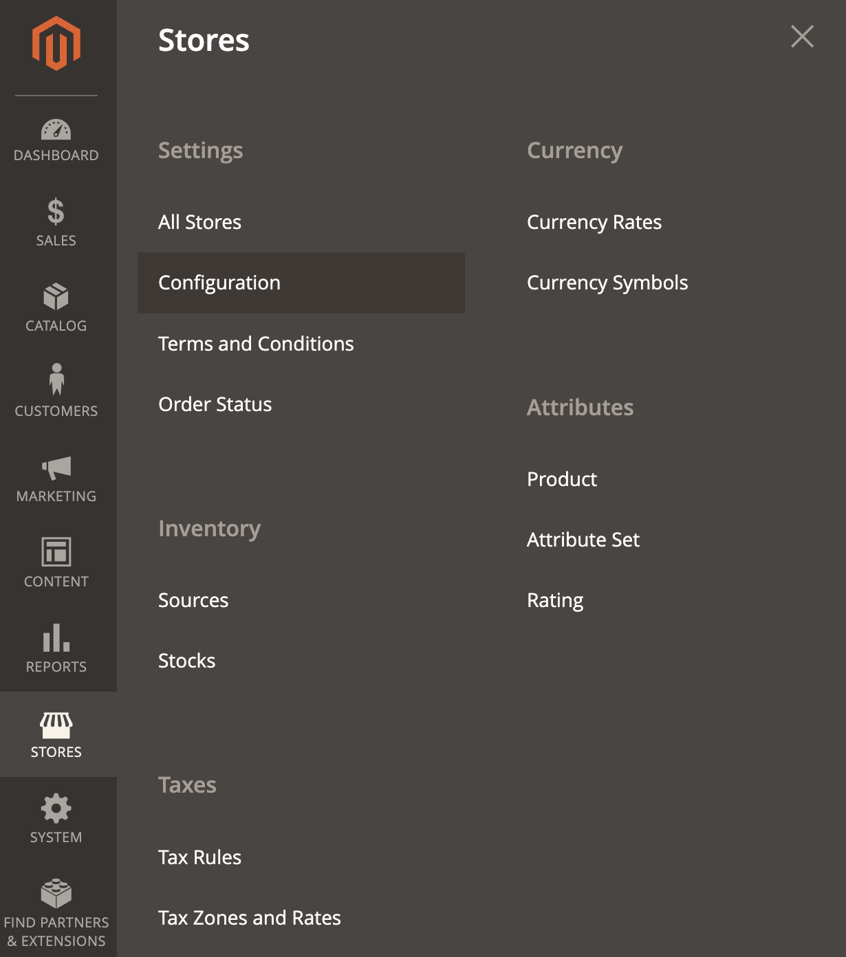 Navigation to the Stores > Configuration menu in the Magento dashboard