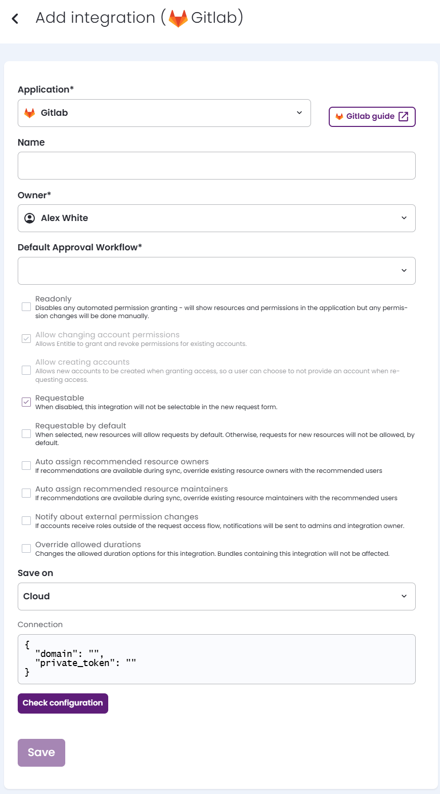 Screenshot of Add integration screen and the details that need to be filled in