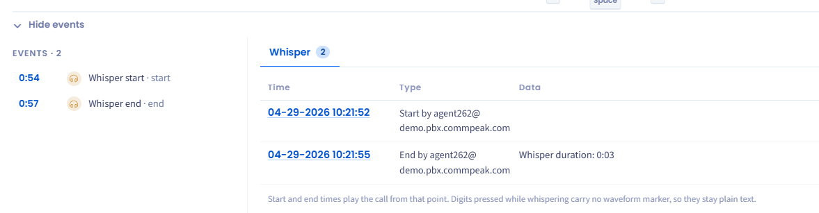 Screenshot of extended call data with whisper 