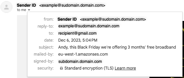 An email received without a Custom MAIL FROM configured (see "mailed-by" field)
