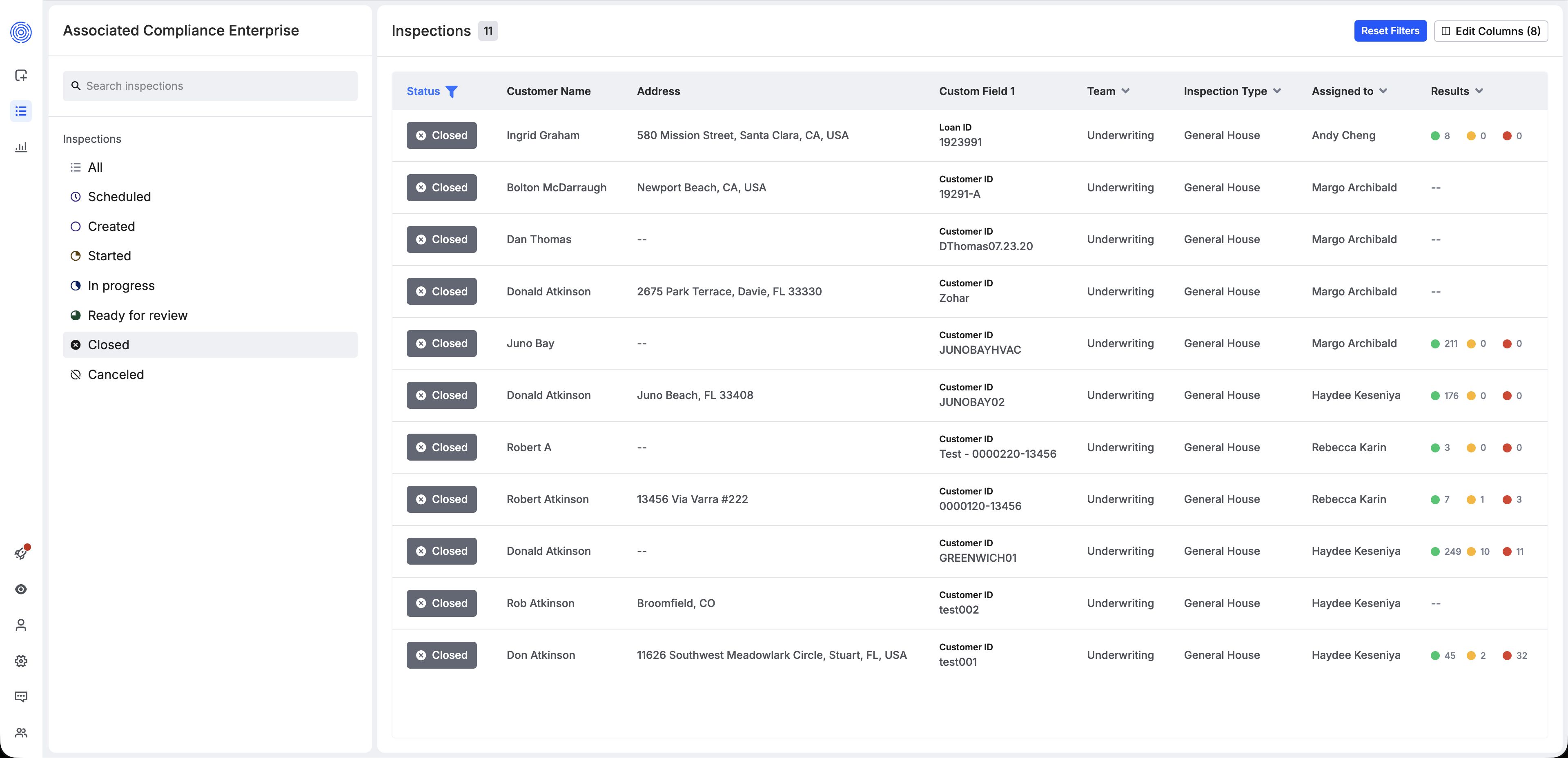Vision Dashboard. Example of searching for inspections.
