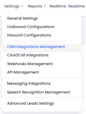 Screenshot with CRM Integrations Management menu