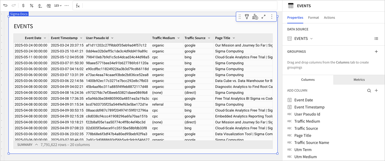 Events table selected on the workbook canvas with the editor panel open to the element properties.