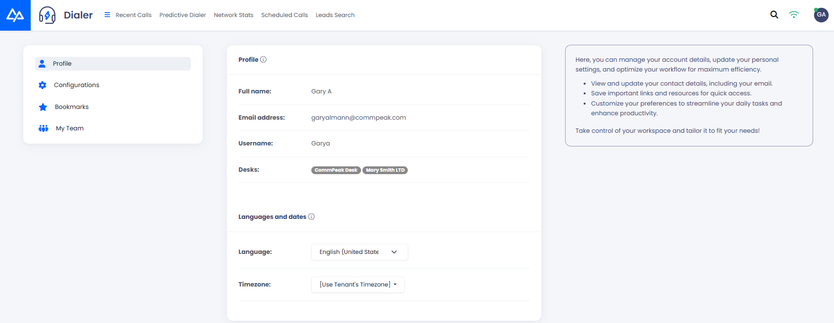 Screenshot of the Profile section