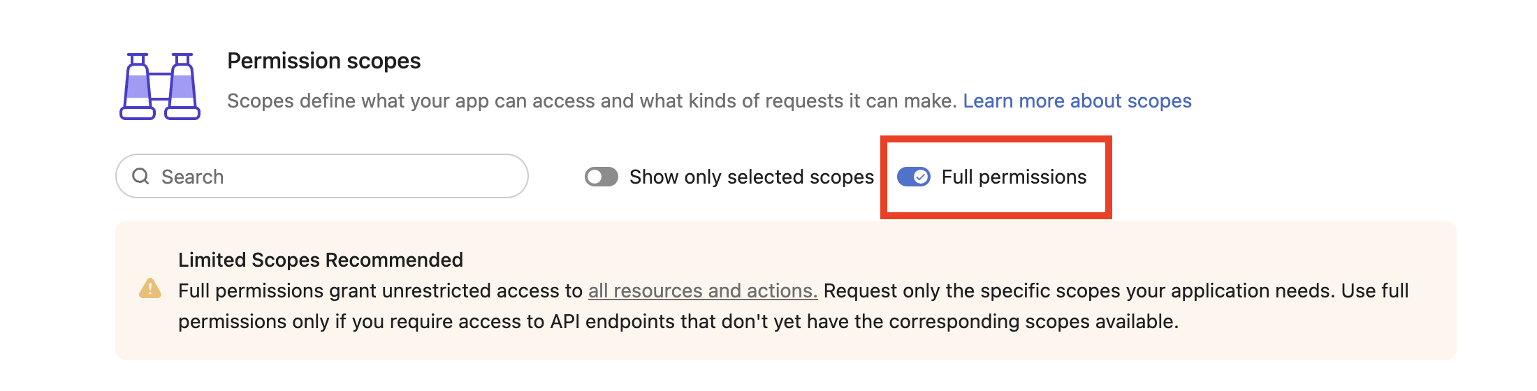 Asana developer console with Full permisisons toggled on