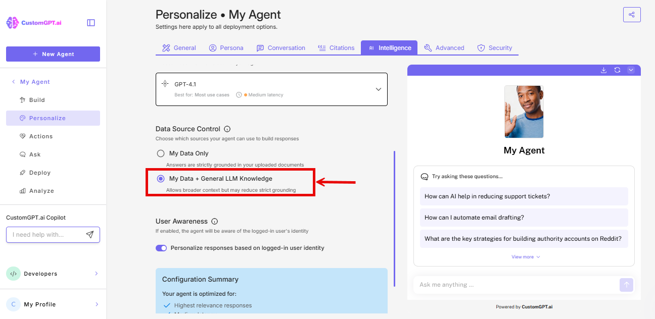 Screenshot: My Data + General LLM Knowledge option