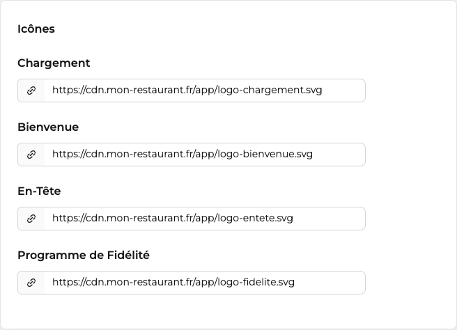 Les quatre champs d'icônes remplis avec des liens SVG
