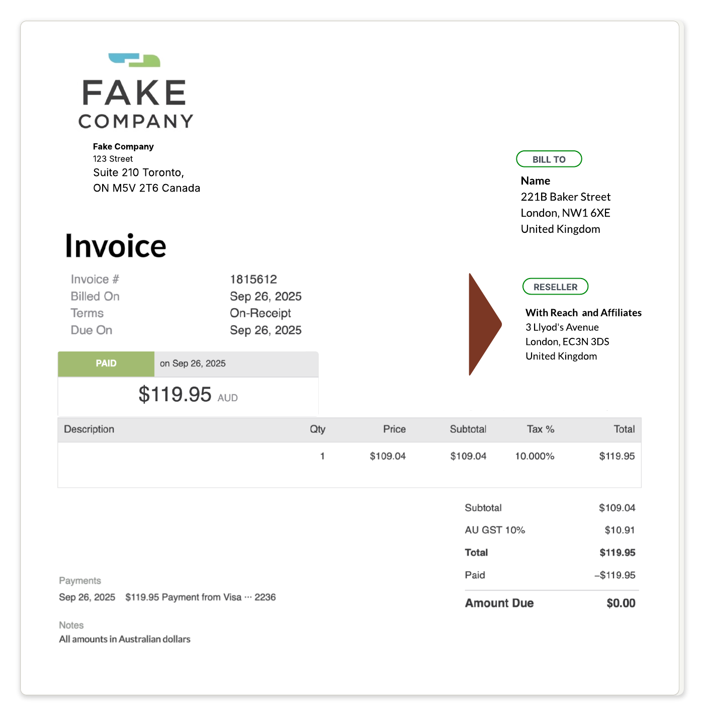 Example invoice showing Reach as reseller