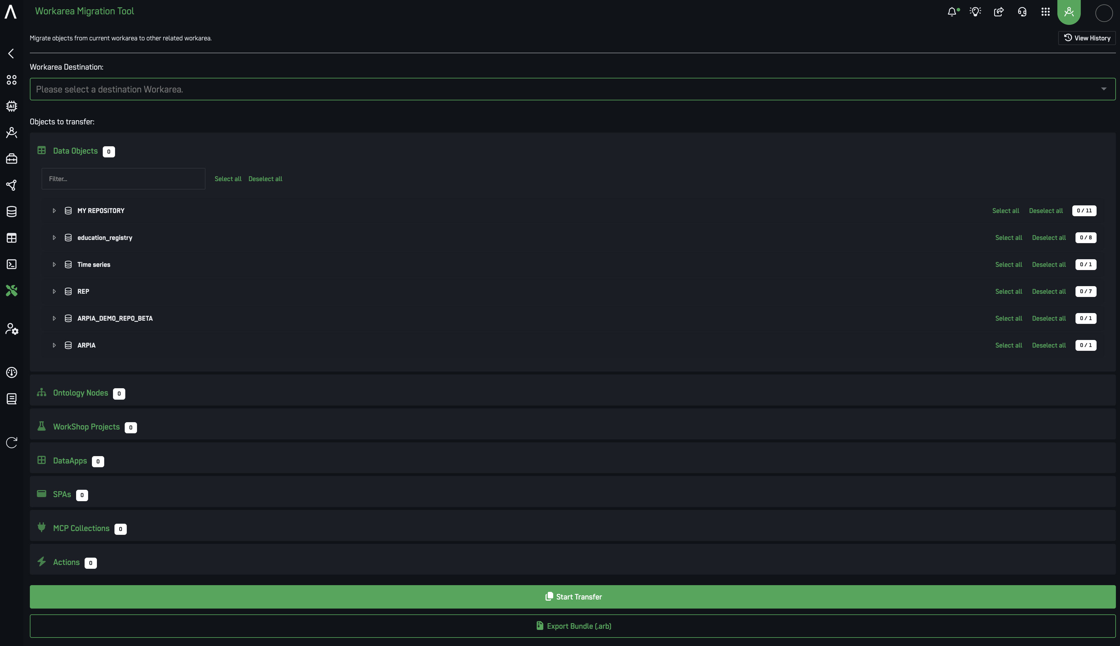 Workarea Migration Tool interface