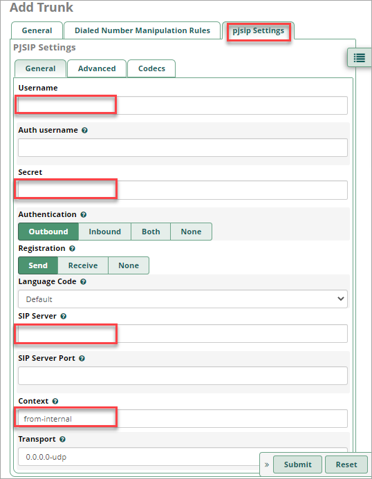 Screenshot of Settings tab of the trunk configuration