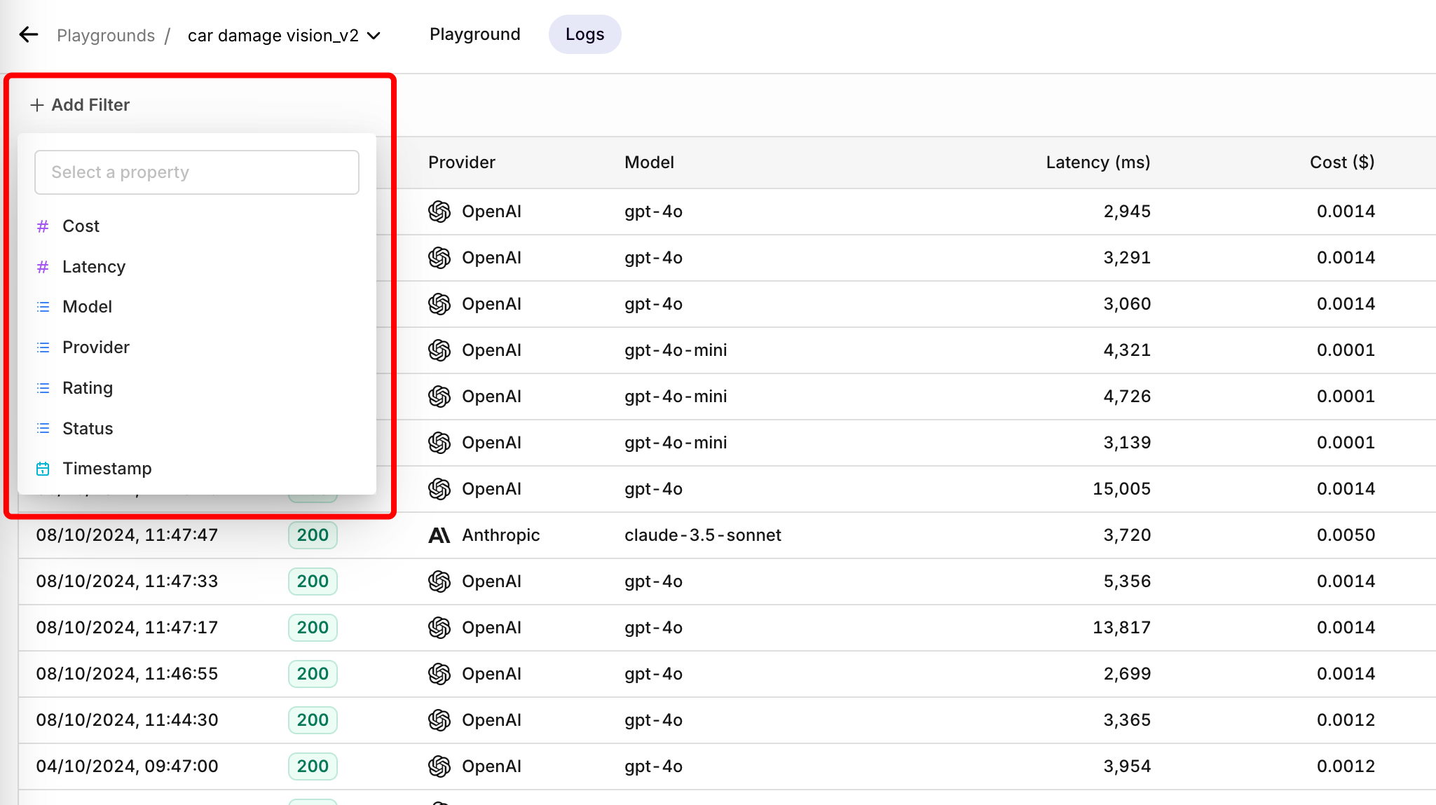 Filter options within the Log panel in Orq.ai