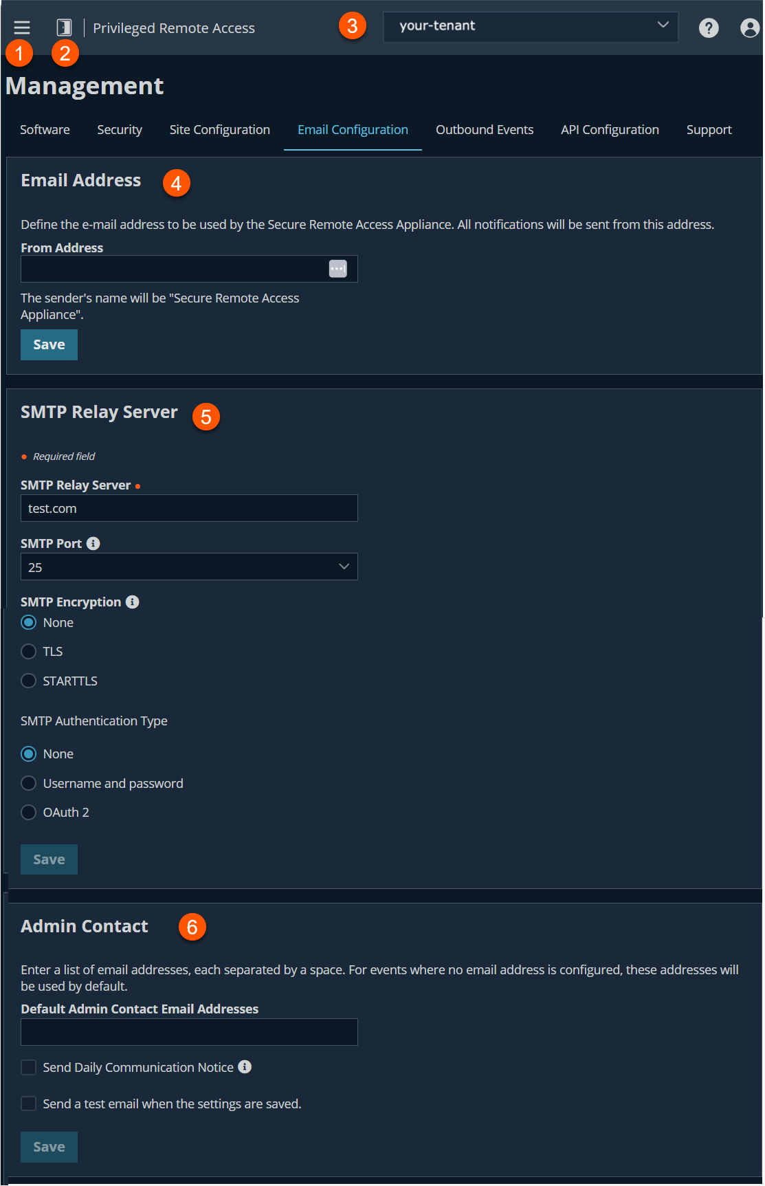 An image of a management interface for configuring email settings in a Privileged Remote Access system. It includes sections for setting the email "From Address," configuring the SMTP Relay Server with fields for server address, port, encryption type, and authentication method, and an Admin Contact section for entering default admin email addresses and notification preferences. Multiple "Save" buttons are present throughout the interface.
