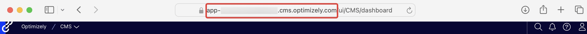 Image of address bar showing the CMS (SaaS) instance's URL.