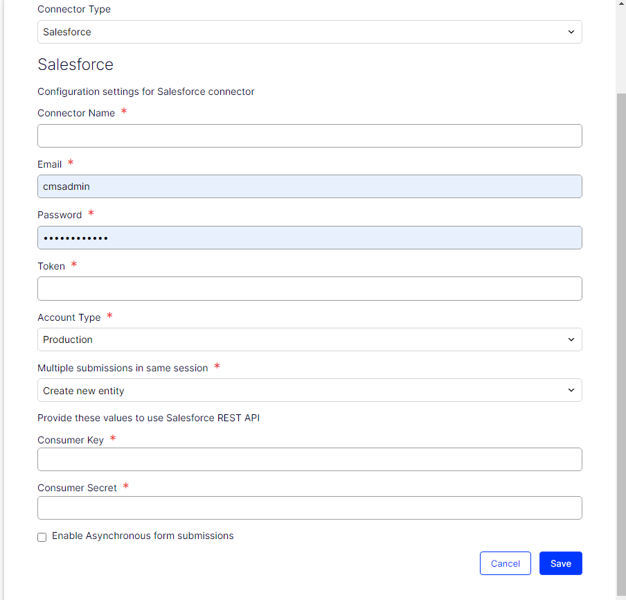 Screenshot of the Salesforce connector configuration settings where entering account credentials and API options