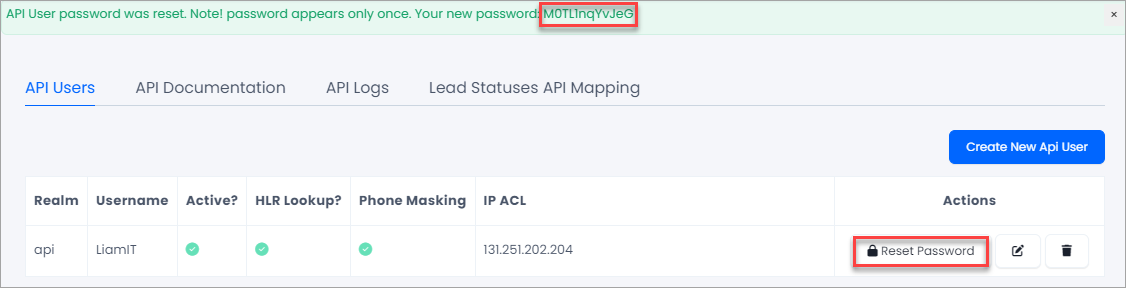 Screenshot of resetting the password for the API user