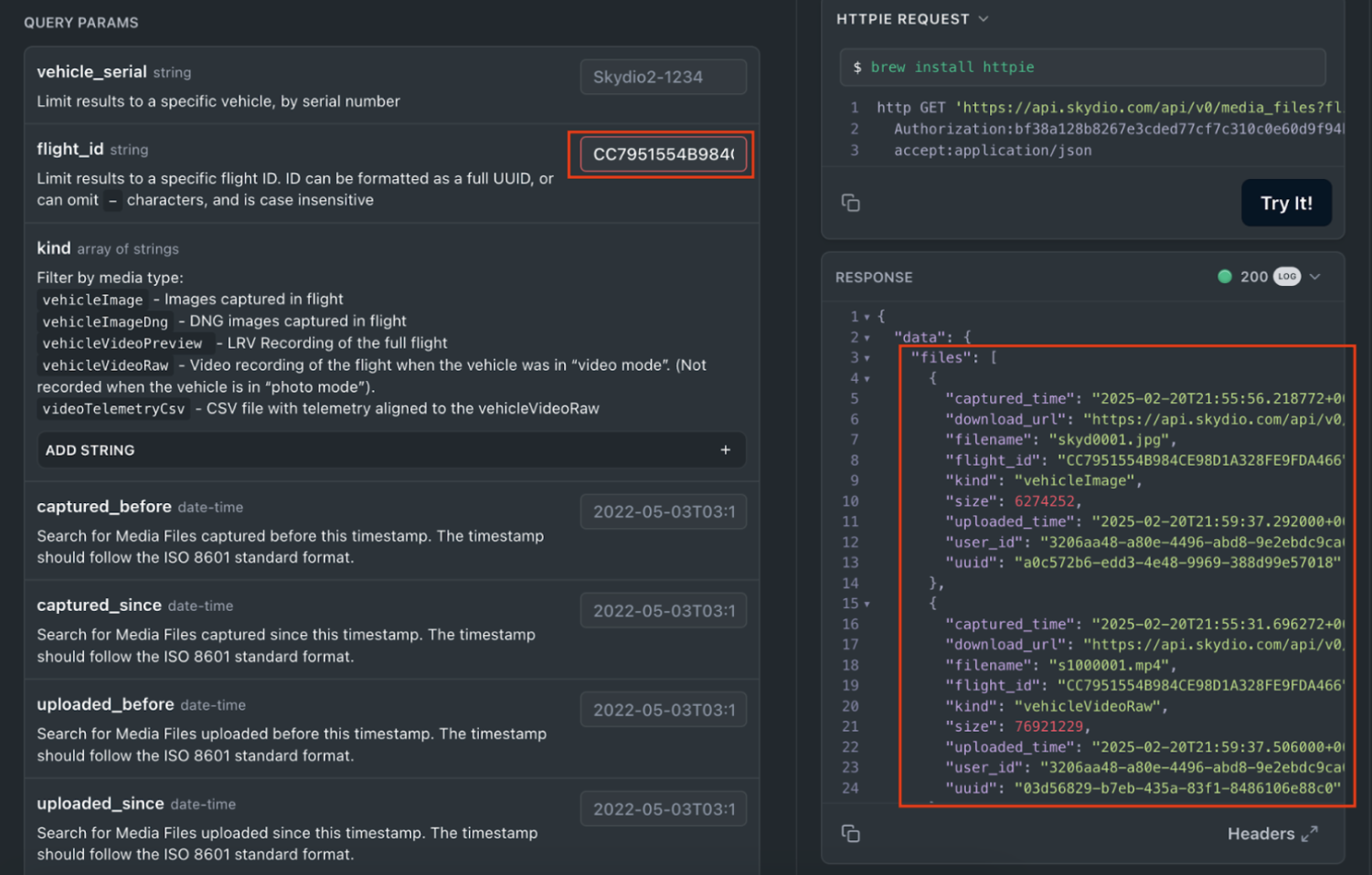 Example: querying by flight_id.