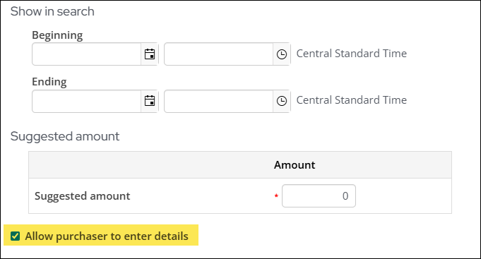 Highlighting the "Allow purchaser to enter details" checkbox