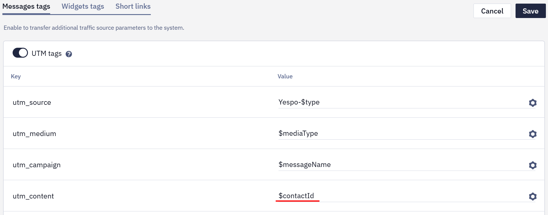 Contact ID parameter used in UTM tag for tracking individual subscriber transactions