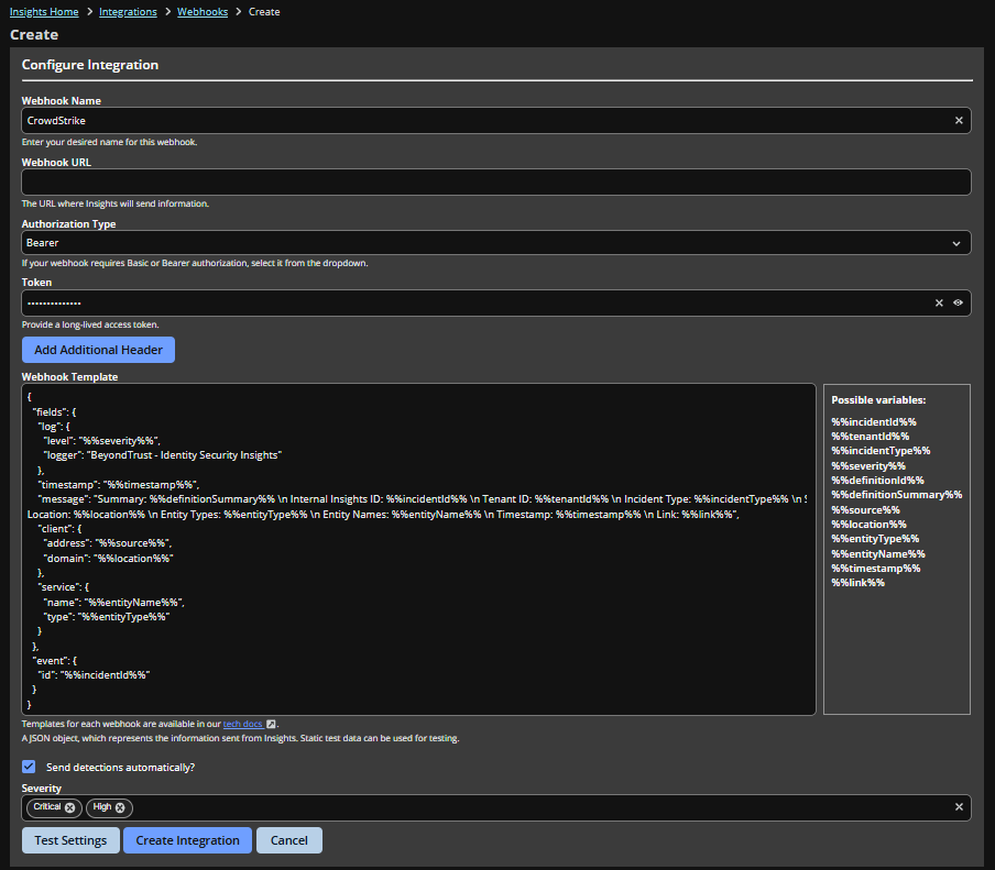 Insights webhook configuration page with a JSON template and list of possible variables.