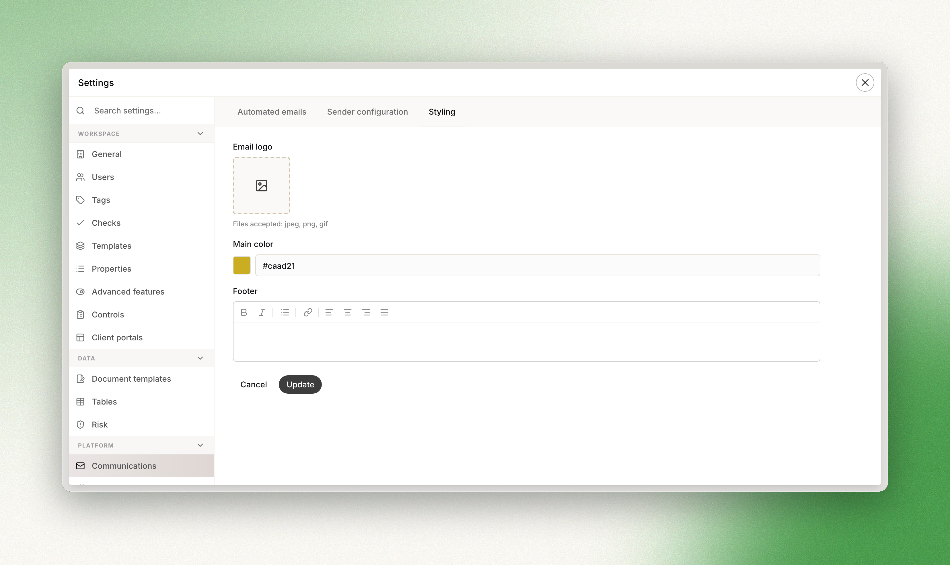 Configuration of the outbound email styling from the workspace settings