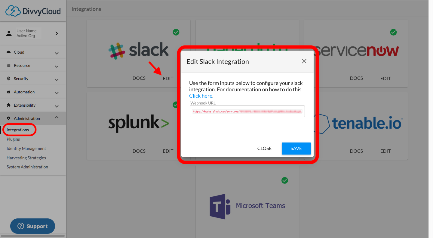 Adding the Slack WebHook Into DivvyCloud from Integrations Page