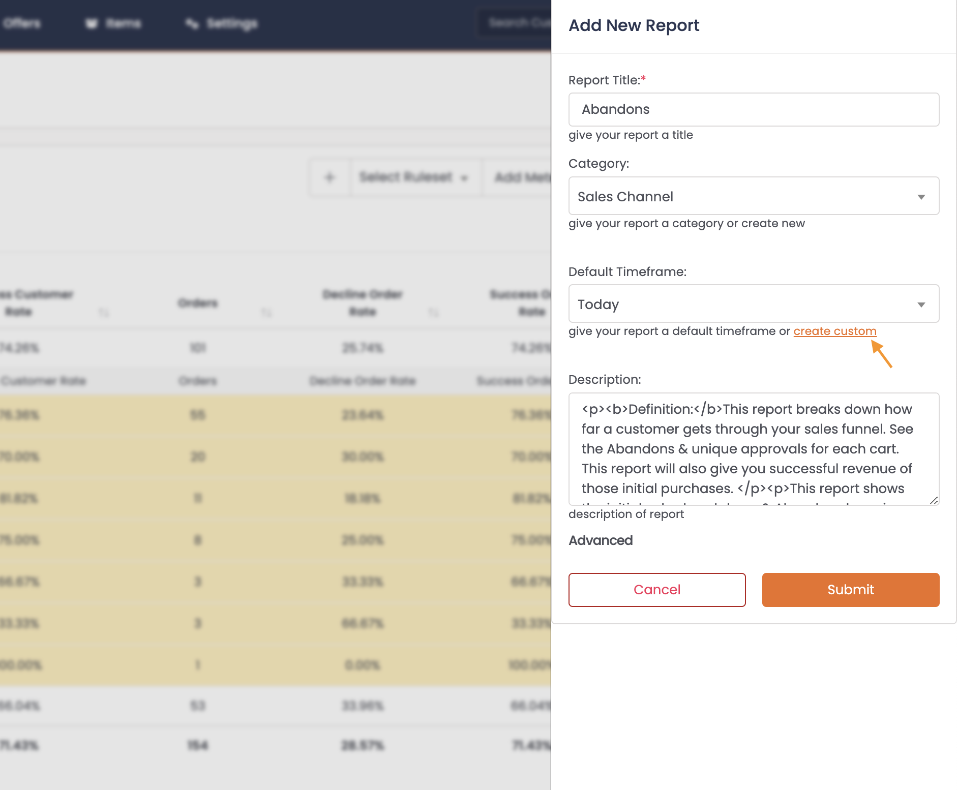 Timeframe selection for a report