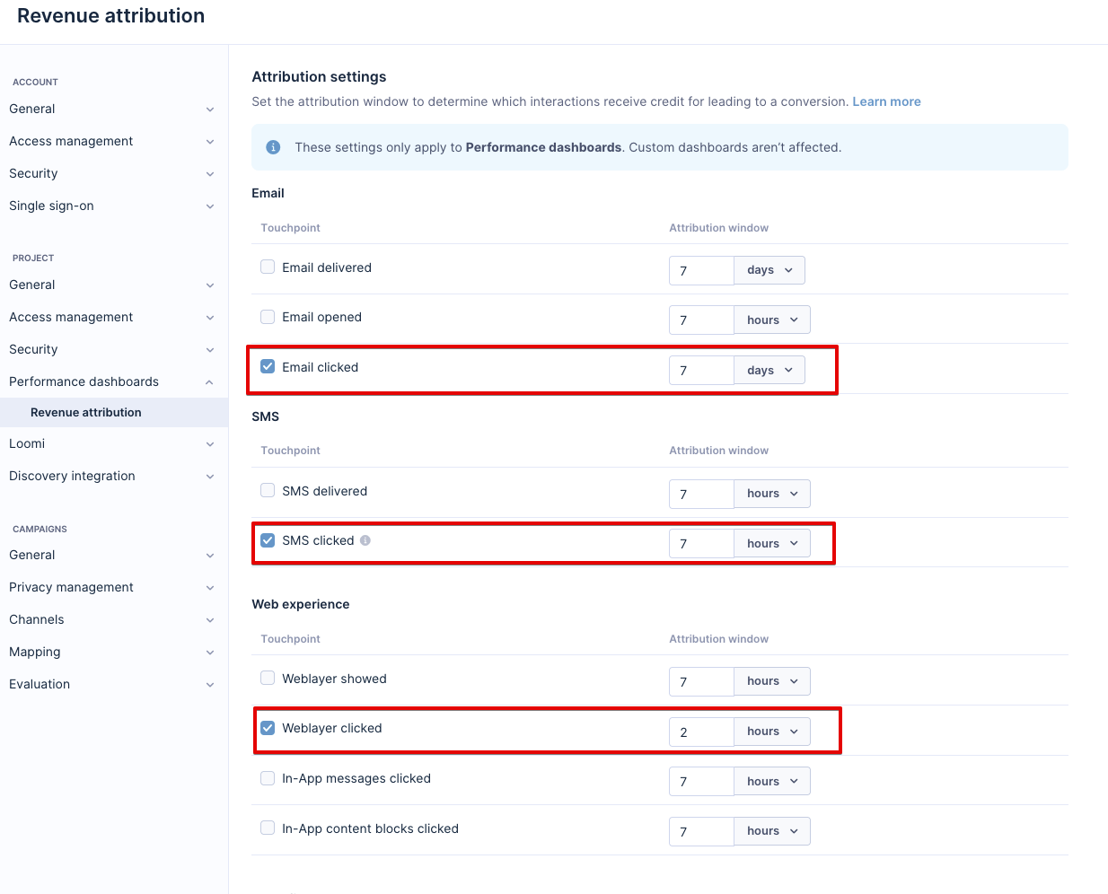 Image showing attribution settings with "email clicked", "sms clicked" and "weblayer clicked" with attribution window set for 2 hours