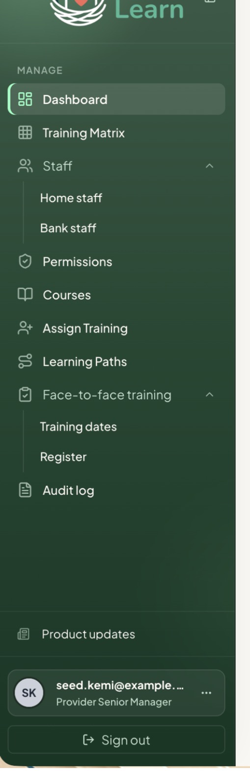 The Provider Senior Manager sidebar, with Permissions and the Face-to-face training submenu