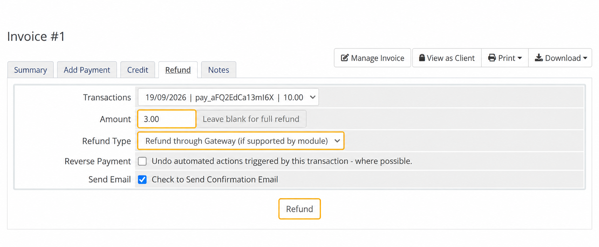 Refund tab with a partial refund