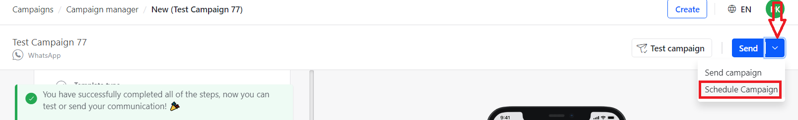 WhatsApp schedule campaign dropdown