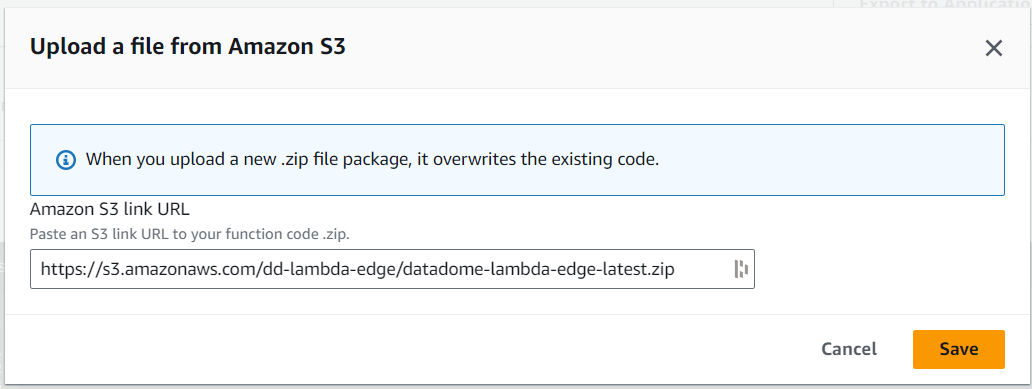 Paste the S3 location of the lambda