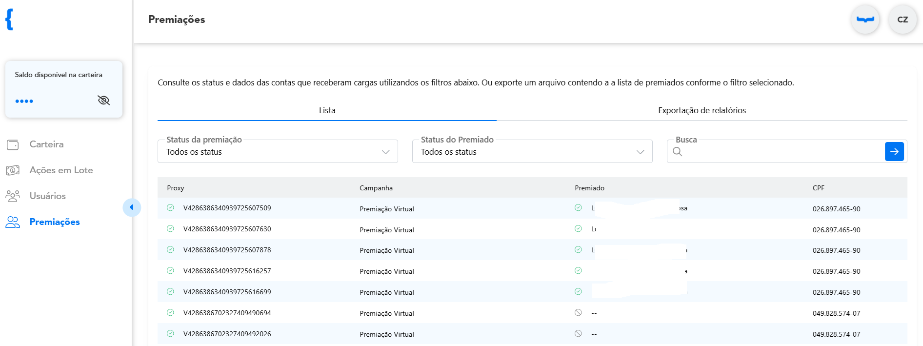 Menu Premiações