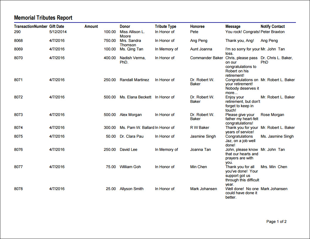Viewing the Memorial Tributes with Contact Notify report example