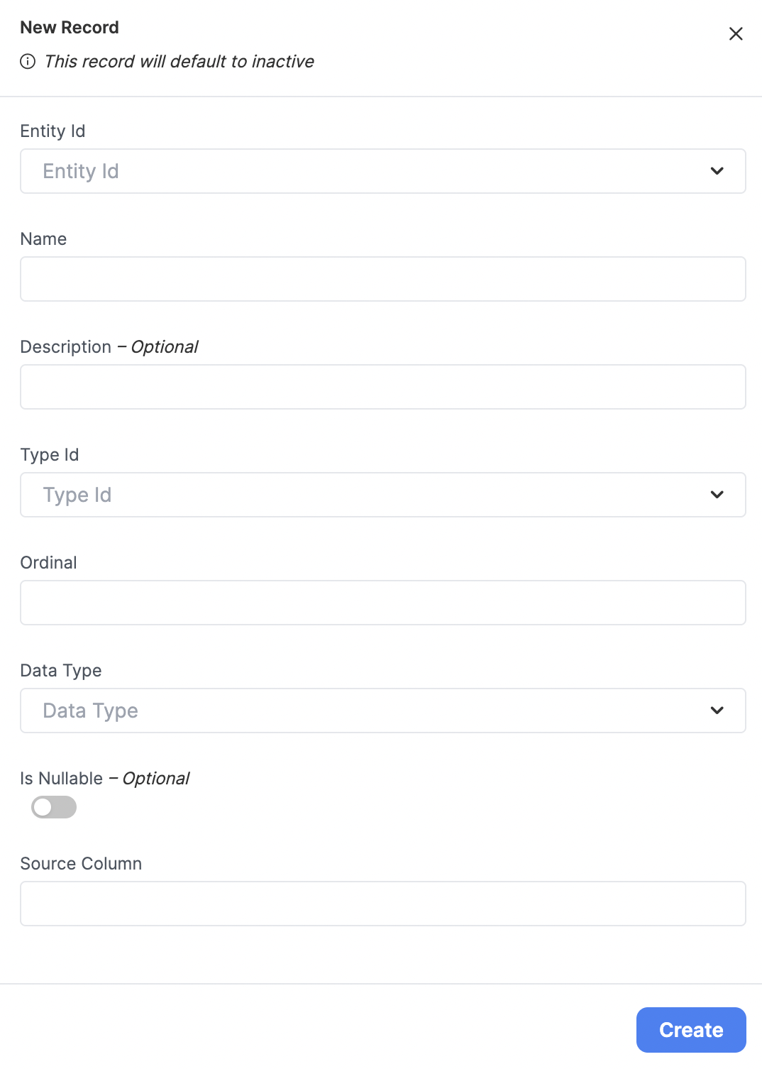 The Entity Column creation modal.