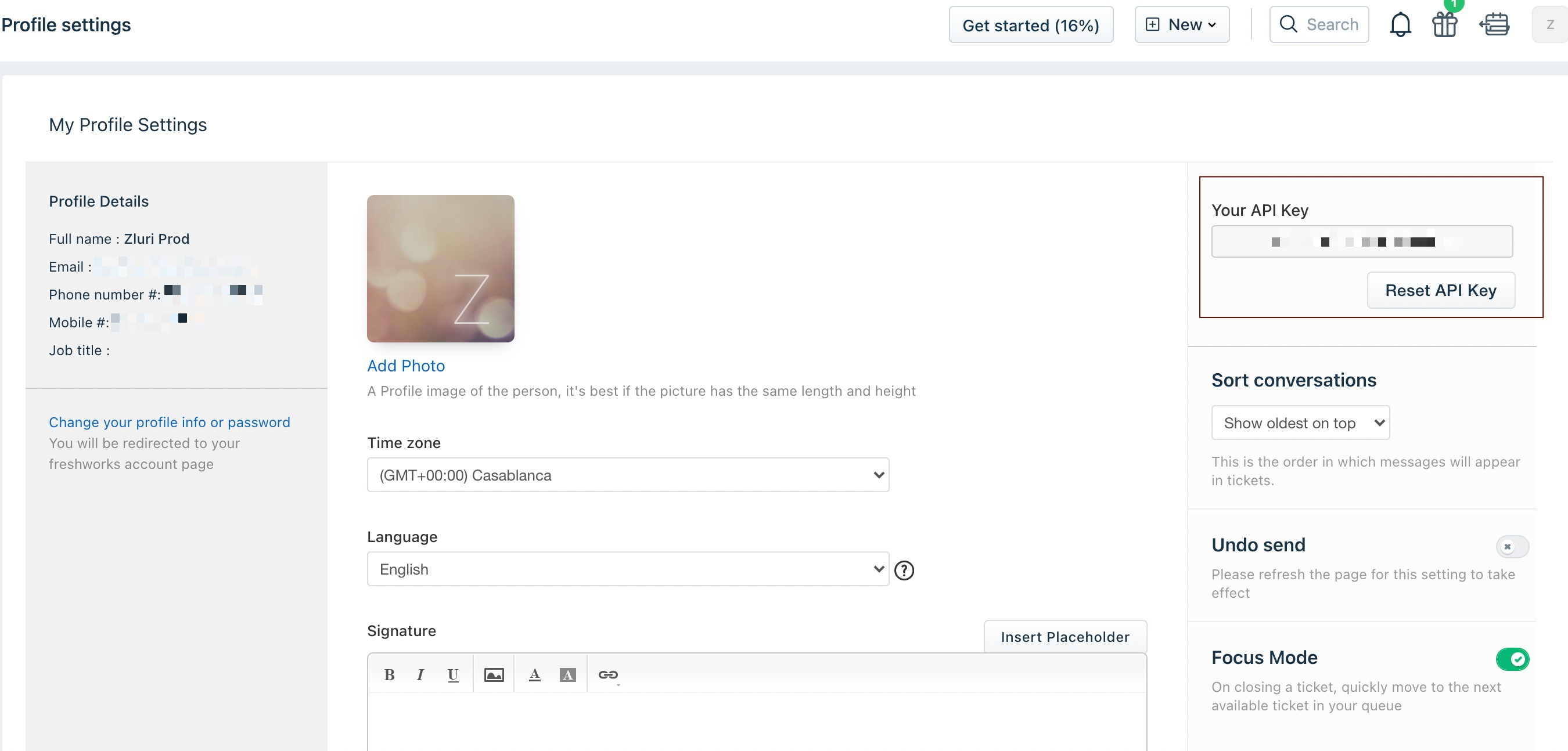 Freshdesk Profile settings page showing the Your API Key section