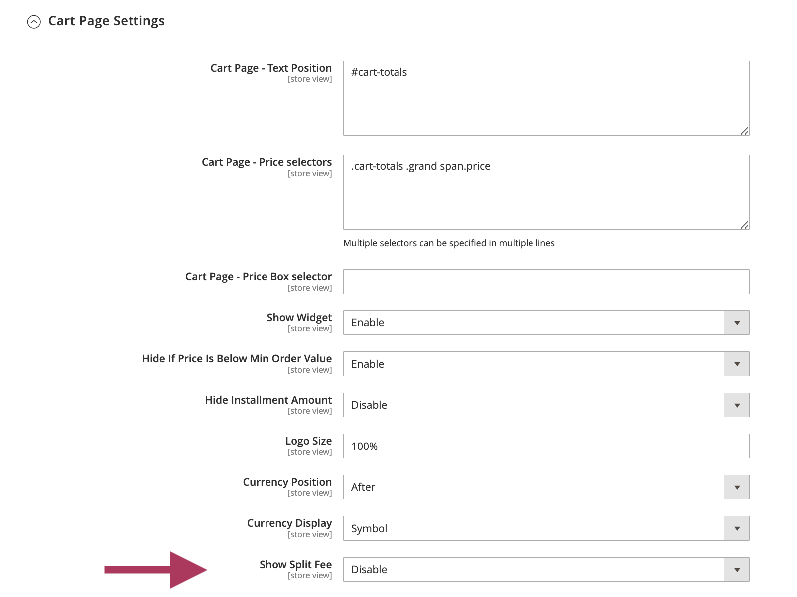 Product Page Settings - Split fee