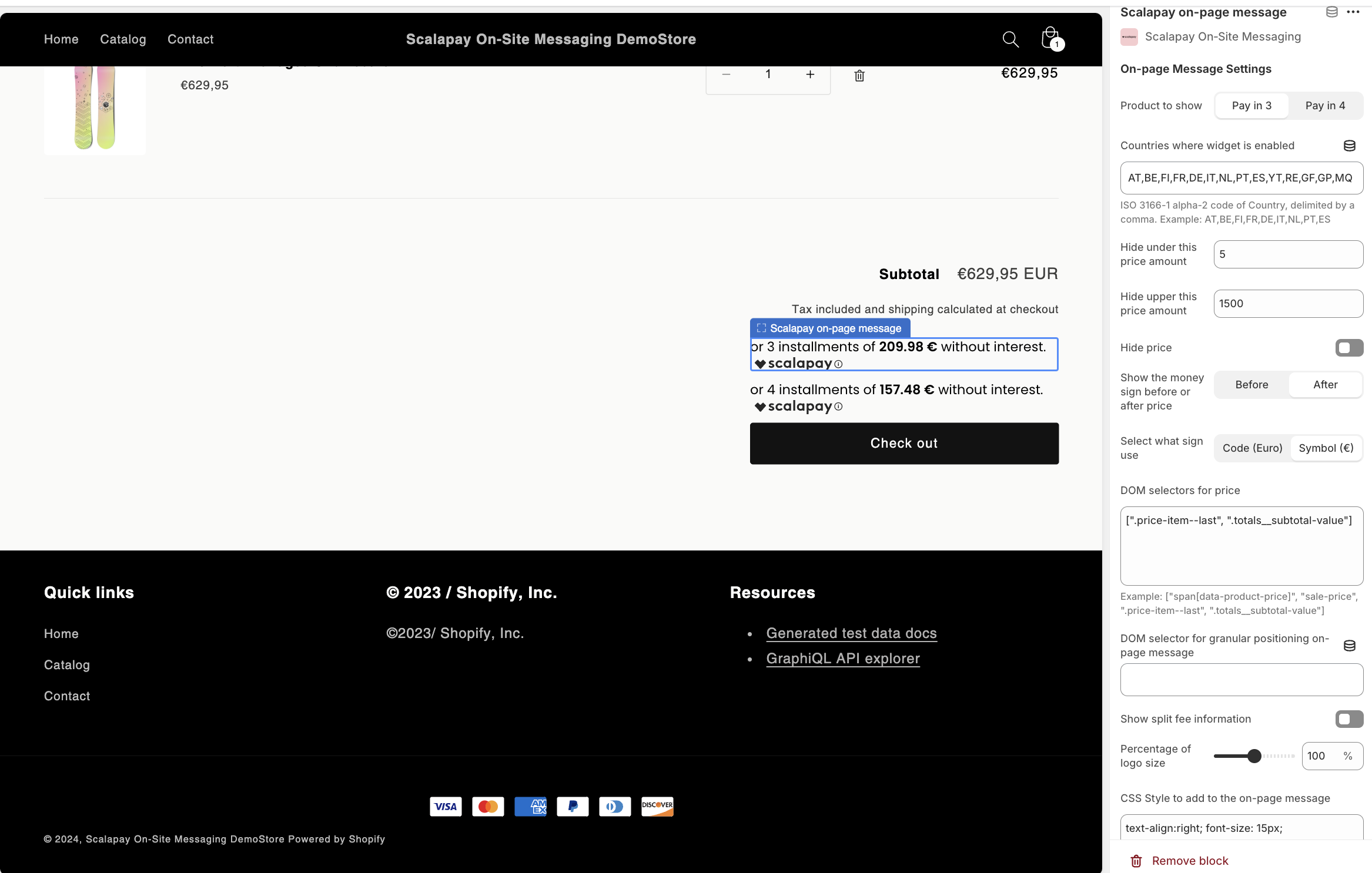 Scalapay widget configurations on Cart page