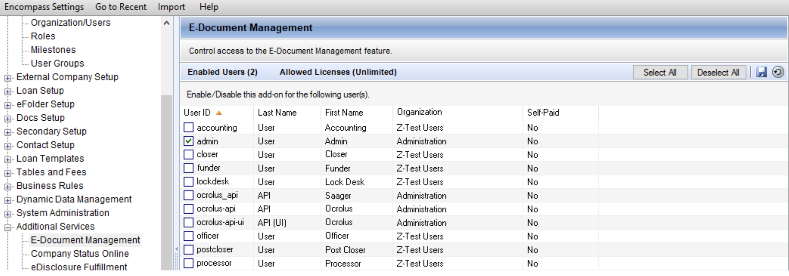 The E-Document Management settings for **Additional Services.** The Ocrolus-API user is shown as an option to add for **E-Document Access**, with a checkbox next to the profile