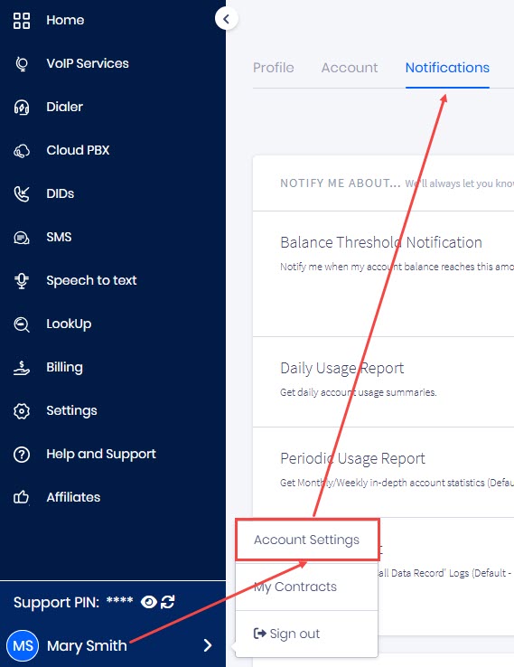 Screenshot of the account notification settings