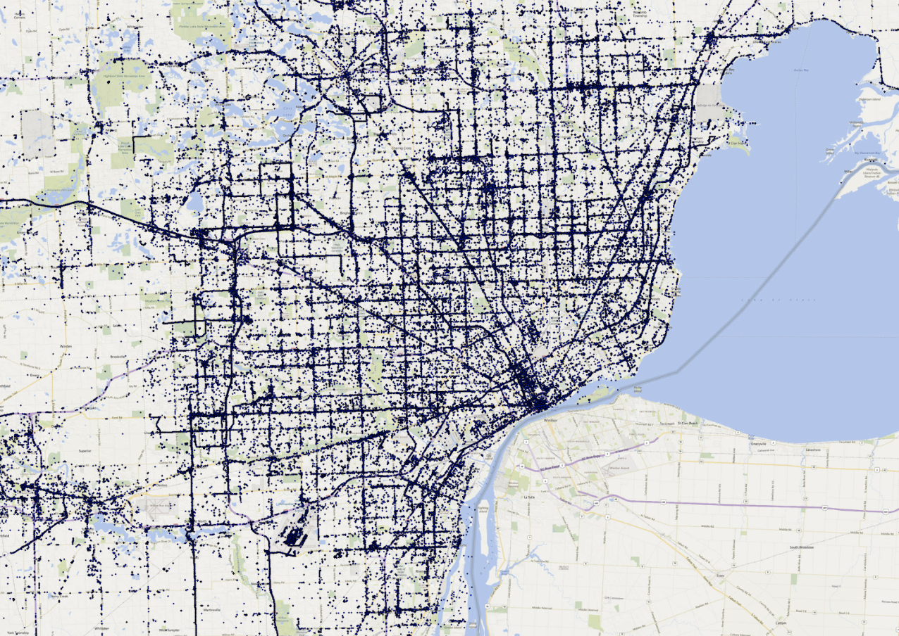Visual representation of raw location data collected from several thousand random devices for a period of 1 hour in the Detroit region, across all data types.