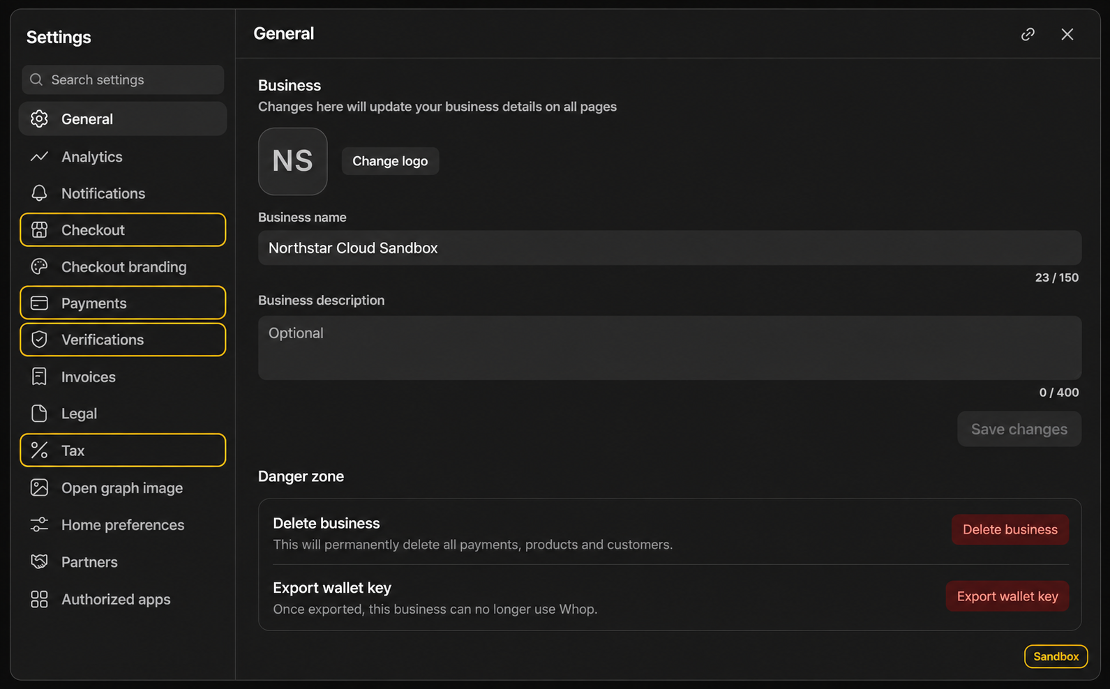 Sandbox dashboard settings