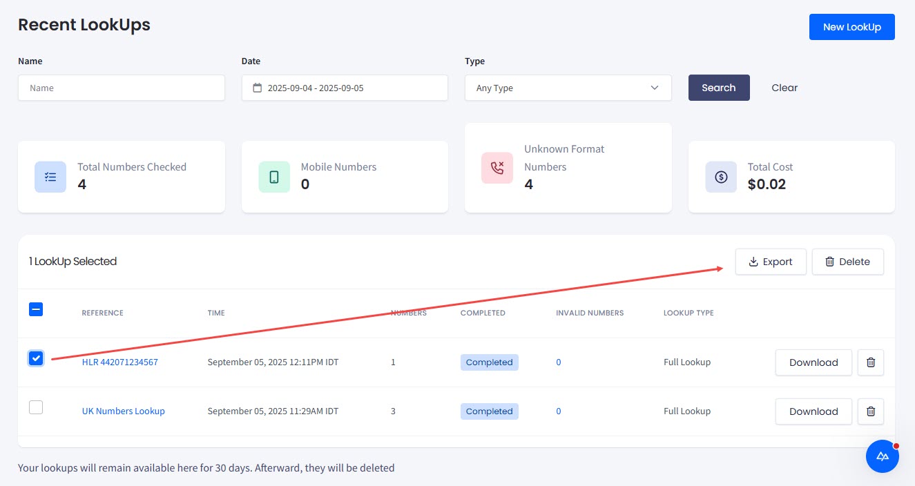 Screenshot with using Export and Delete actions