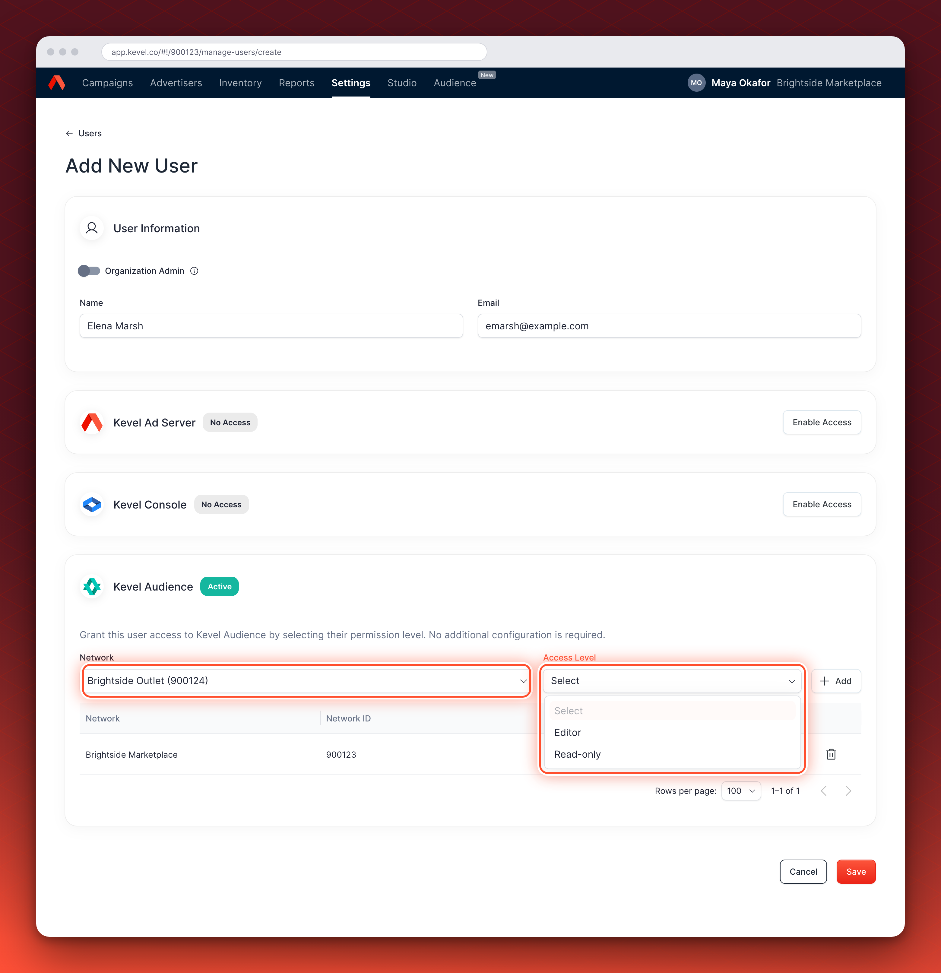 The Kevel Audience card on the Add New User page. One network is already added with the Editor level. A second network is selected in the Network list and the Access Level list is open, showing Editor and Read-only. Both lists are circled.