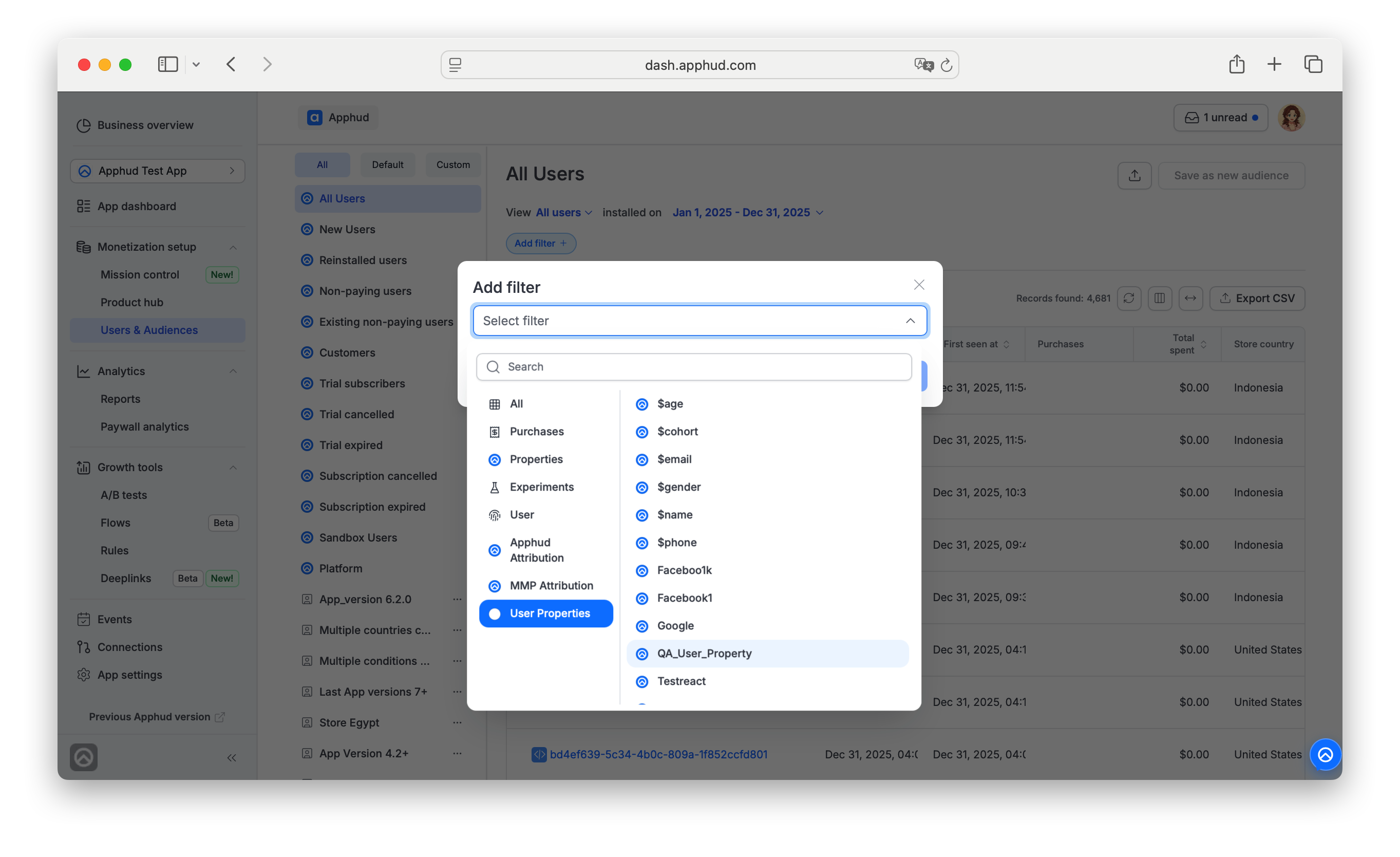 Apphud - Search by custom user property