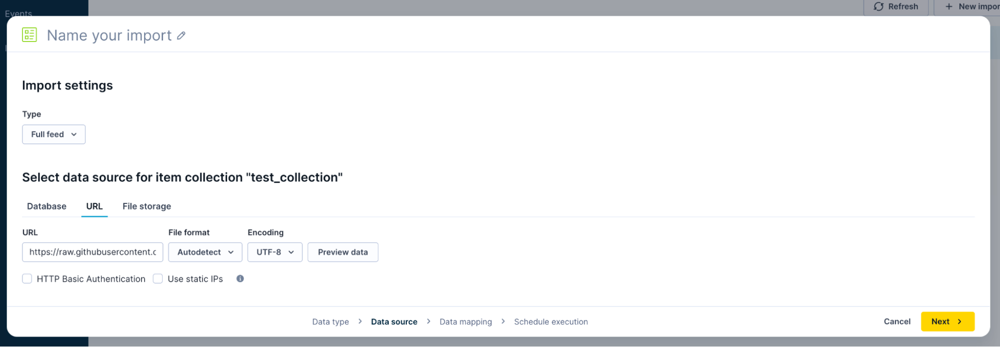 Import settings in Bloomreach Data hub with URL data source selected, options for file format, encoding, HTTP Basic Authentication, and static IPs.