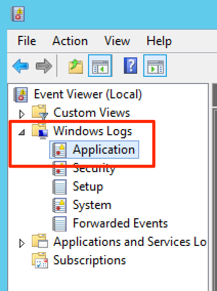 A screenshot of the Windows UI showing how to select "Windows Logs > Application"