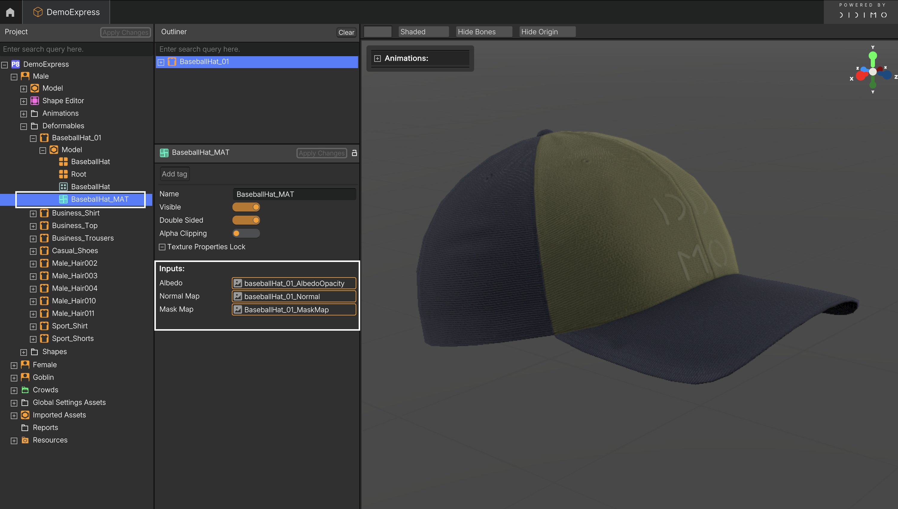 Example of a material assigned to a Deformable with linked texture maps in the DemoExpress project.