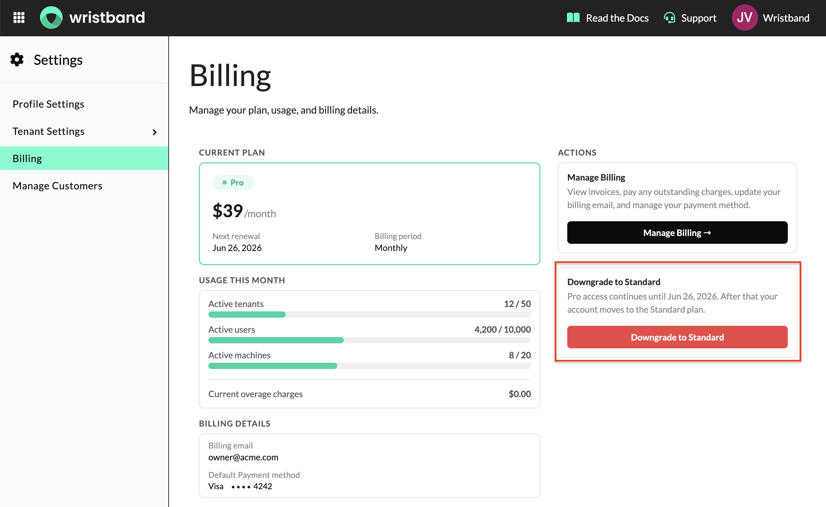 Billing Page "Downgrade to Standard" button and scheduled downgrade banner